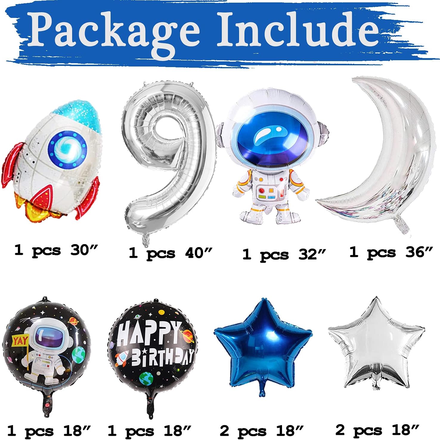 10 PCS Space Theme 0-9 Birthday Balloons Decoration, Big Foil Mylar Number 9 Astronaut Spaceman Rocket Moon Star Balloons for Boy Space Galaxy Theme Birthday Party Supplies