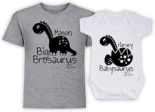 Personalised Dinosaur Brosaurus Babysaurus Matching Little Brother Big Brother T-Shirt Bodysuit Kids Childrens Matching Twinning Set