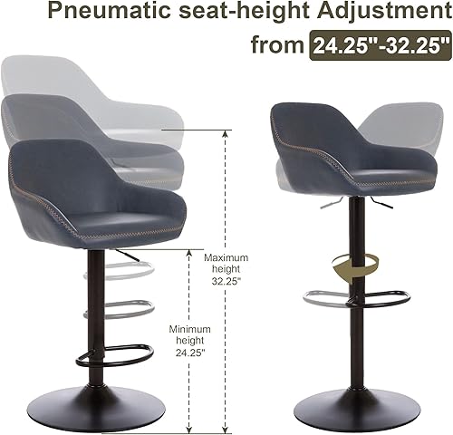 Miniatura 60 de Glitzhome Mid Century - Juego de 2 taburetes de bar ajustables de cuero giratorio vintage con respaldo y reposapiés, taburetes de bar modernos de