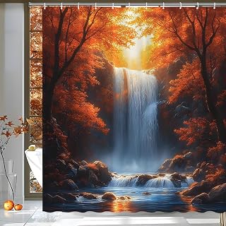 Autumn Forest Waterfall Shower Curtain Fall Red Maple Leave Tree Jungle River Stream Rocks Country Outdoor Mountain Nature Landscape Fabric Bathroom Curtains with Hooks 70x70 Inches