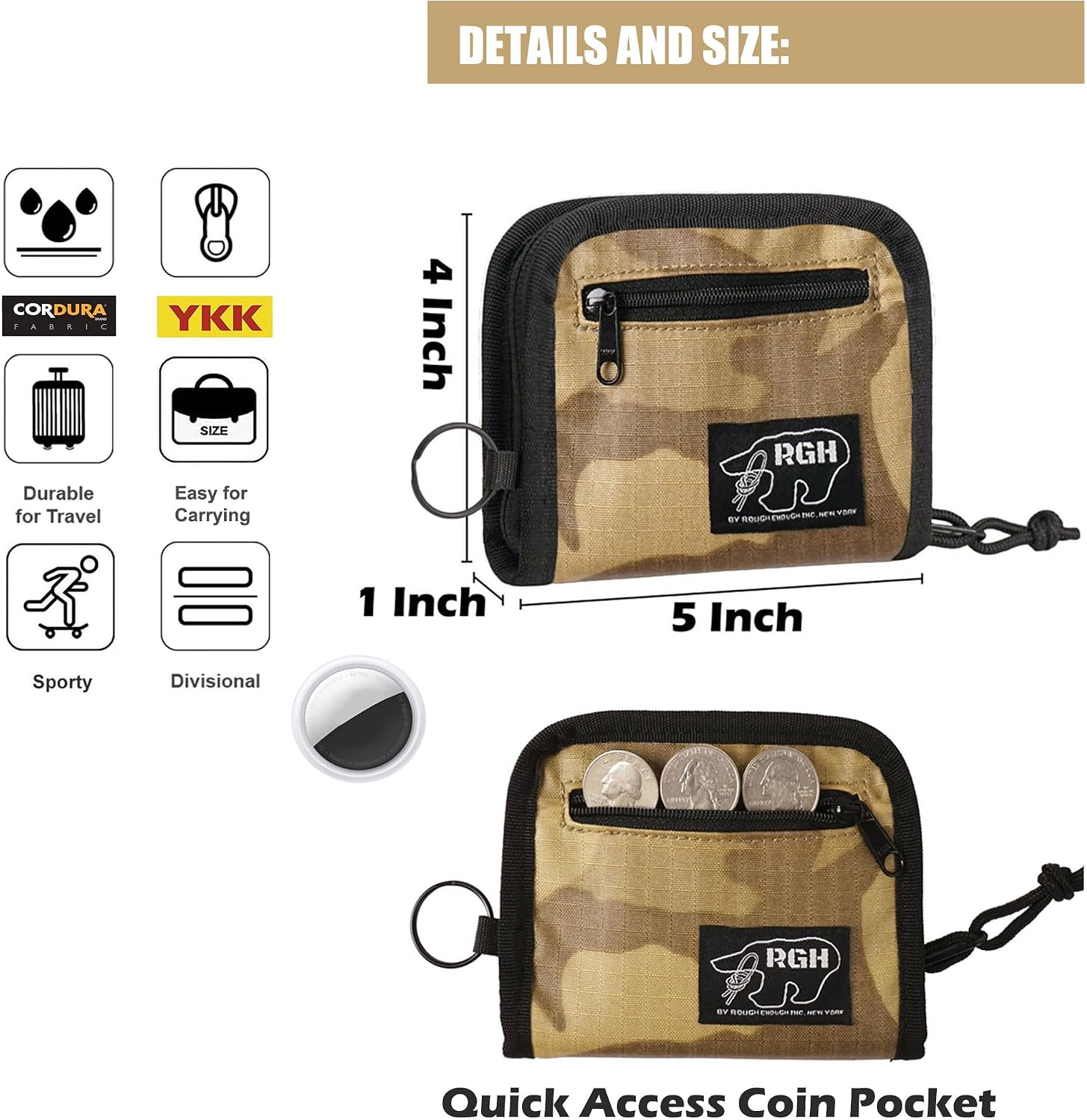 Rough Enough Boys Wallet for Teen Kids Men Neck Lanyard Card Holder Wallet with Zipper Keychain Coin Purse Desert Camo Cordura