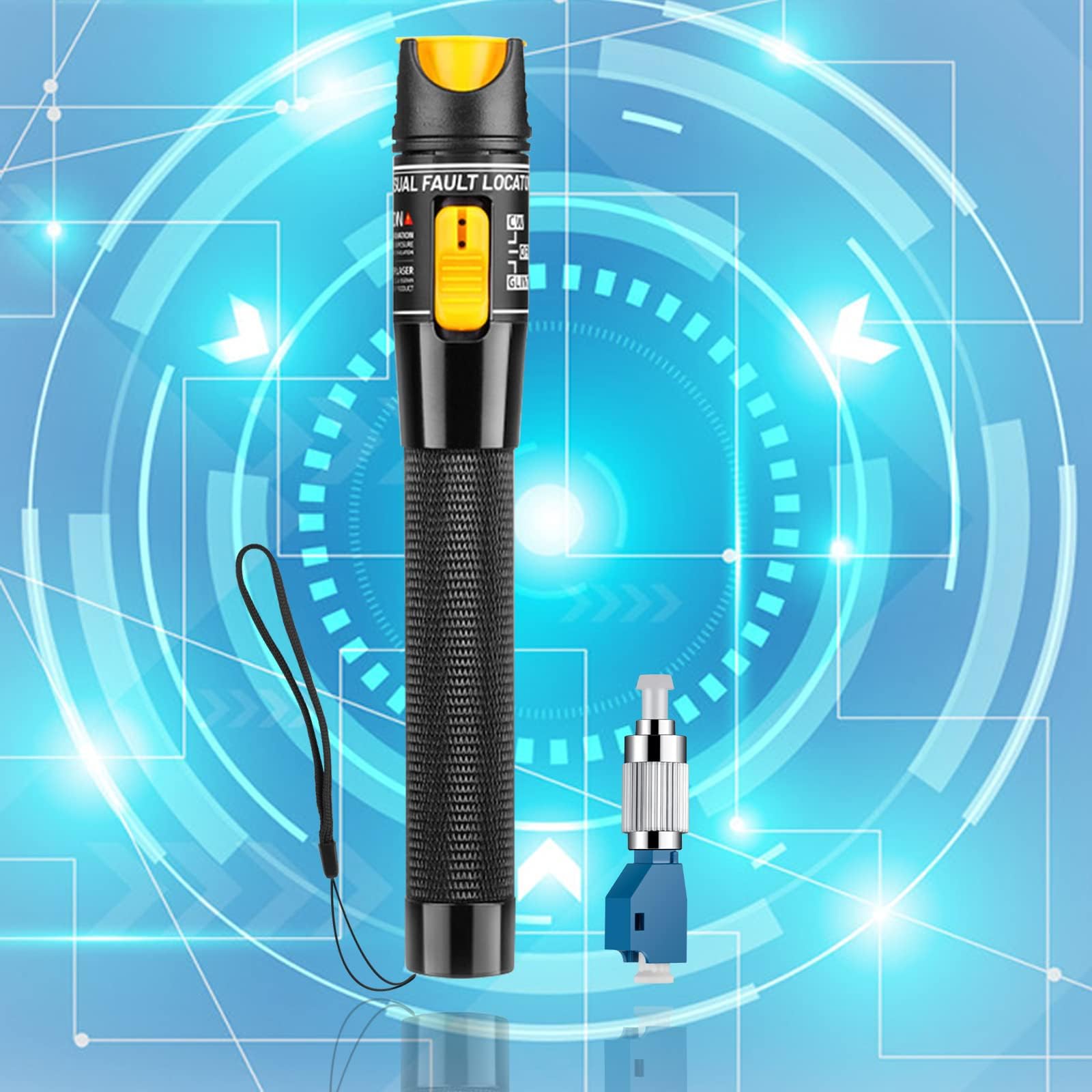 1pc Fiber Optic Visual Fault Locator VFL Fiber Optic Cable Tester with 1pcs Singlemode 9/125um FC Male to LC Female Adapter, Yellow Switch (Mode Number: VFL-50)