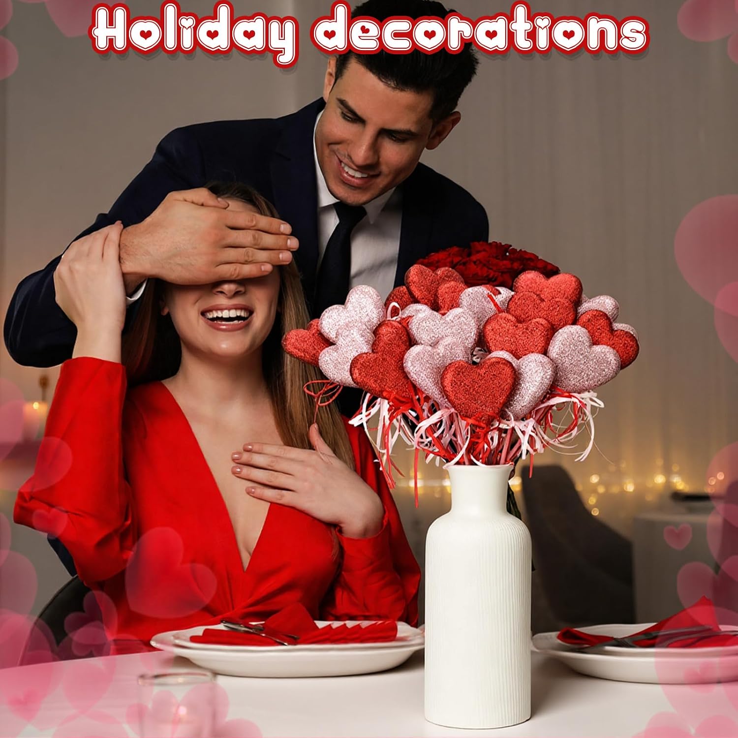 FineCheer 30 Pcs Valentine's Day Glitter Foam Red & Pink Hearts Picks Puffy Heart Sparkly Sticks for Valentine's Day Wedding Decor Home Vase Supplies Flower Arrangements Crafts