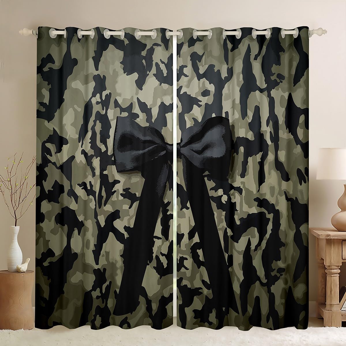 Homewish Kamuflaż zasłony okienne 117 x 137 cm, 2 zestawy paneli - kokardka zasłony zaciemniające kokardka zielona wstążka czarne zasłony okienne moro ciepła pościel