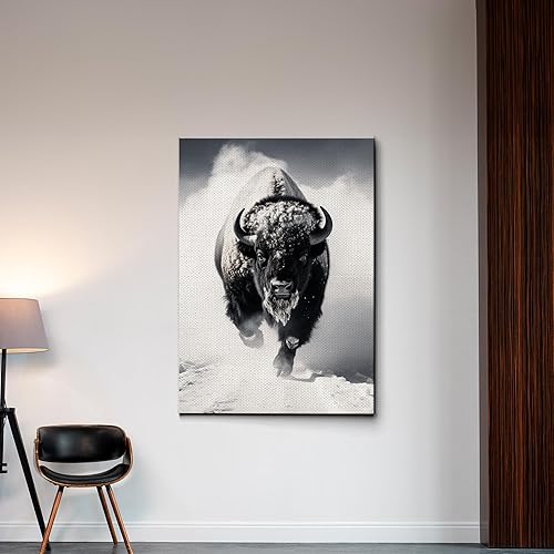 Miniatura 3 de Framed Canvas Print Wall Art Black White Bison Buffalo Landscape Animals, Wildlife Digital Art Realism, Decorative Rustic Relax Calm for Living
