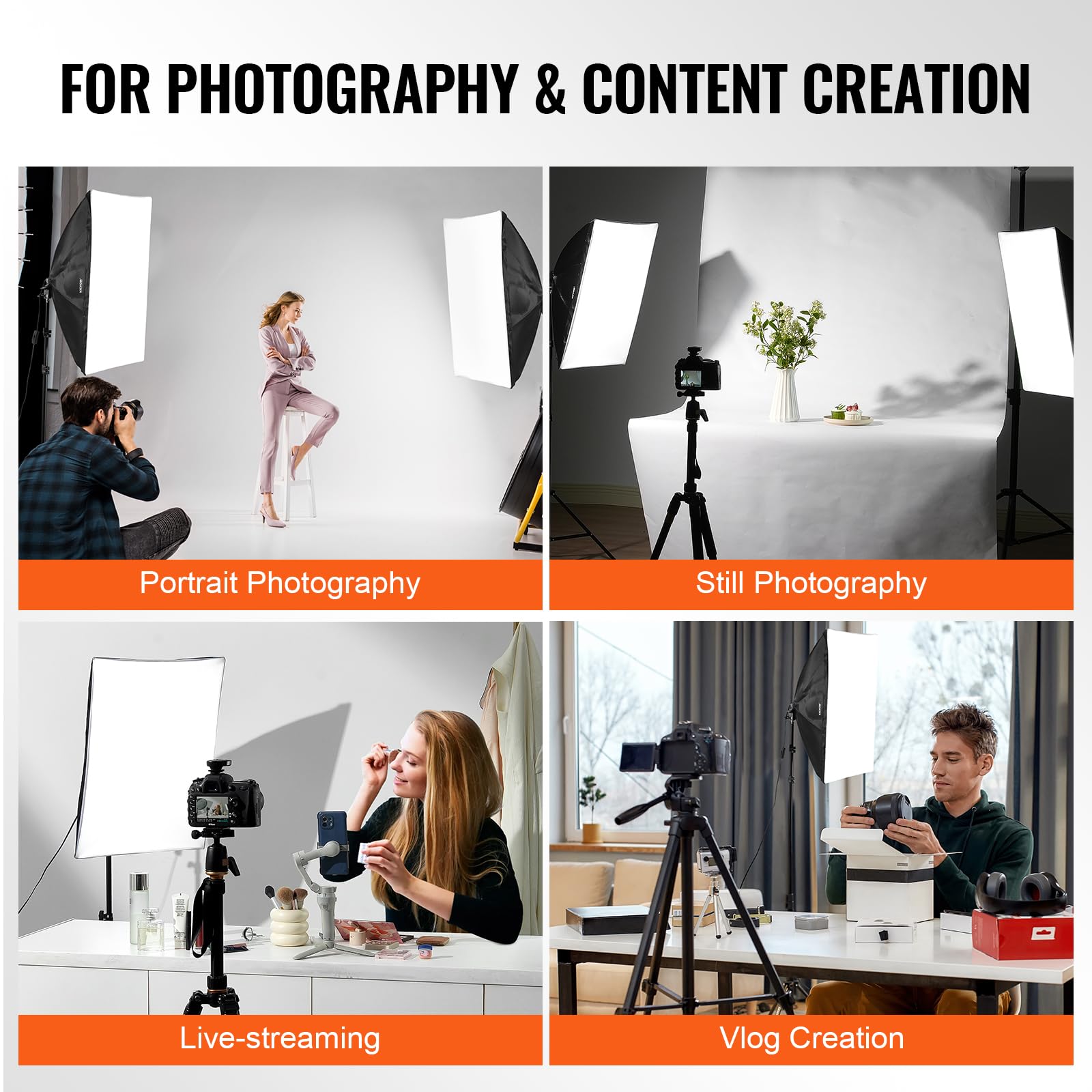 VEVOR Softbox Set, 50x70cm, Profi Fotostudio Set mit 30 W 5500 K LED-Birnen, nahezu natürliches Tageslicht, Verstellbarer Stativständer, Studioleuchten für Fotografie, Videoaufnahmen, Live-Streaming