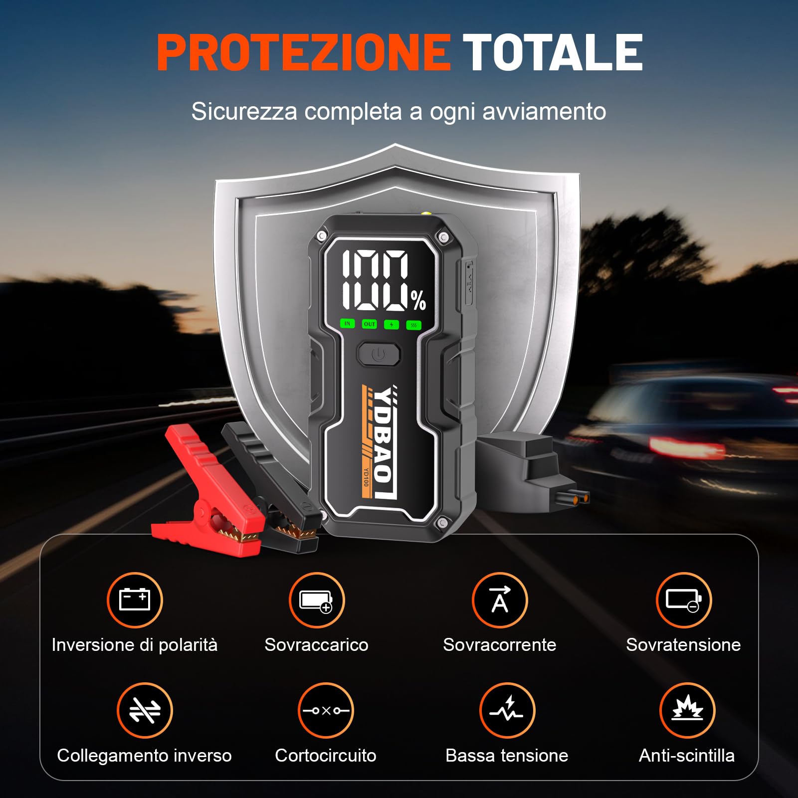 YDBAO Avviatore Batteria Auto 8000A Avviatore di Emergenza per Auto/Moto (Fino e 10.0L Diesel) 12V Booster Avviamento con Display LCD Jump Starter con Torcia a LED per Auto, Moto, Camion