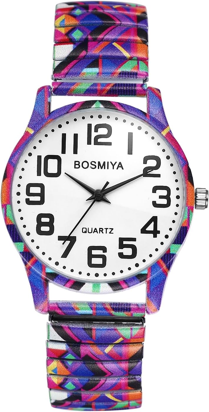 JewelryWe Women’s Stretch Band Watches: Easy Reader Analog Quartz Elastic Watch Casual Floral Expansion Band Wristwatch for Mother’s Day
