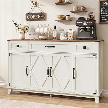 Coffee Bar Cabinet, 55" Farmhouse Buffet Cabinet with Drawers, White