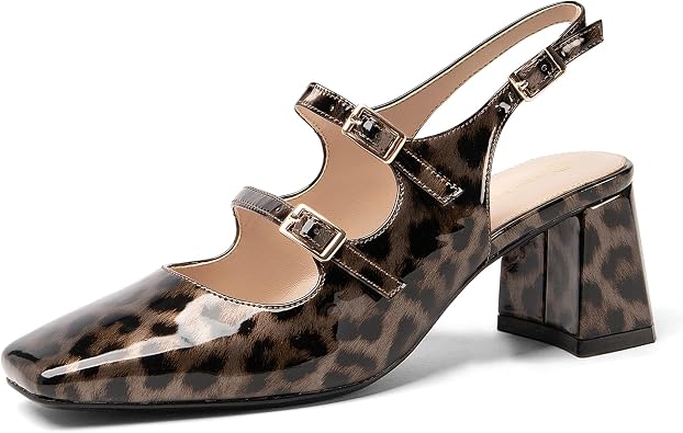 NEWBELLA Womens Mary Jane Shoes Slingbacks Block Heels for Women Square Toe Double Ankle Strap Pumps