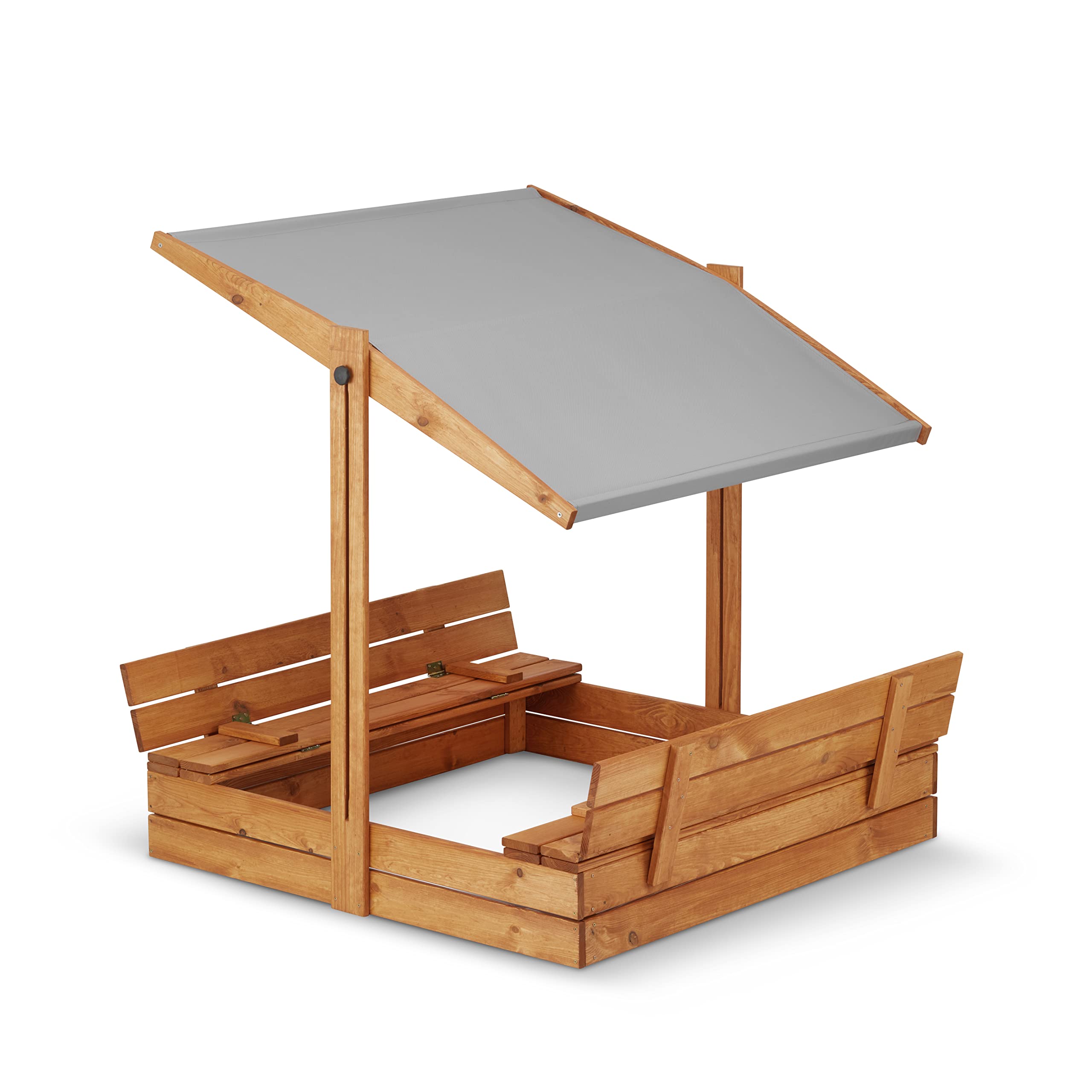 Magus Sandkasten Imprägniert mit Dach inkl. Video Anleitung für Montage Sonnenschutz UV-Schutz Sandbox mit Abdeckung mit Sitzbänken mit Plane Sandkiste Holz 120x120 140x140 XL (116x116 Grau)
