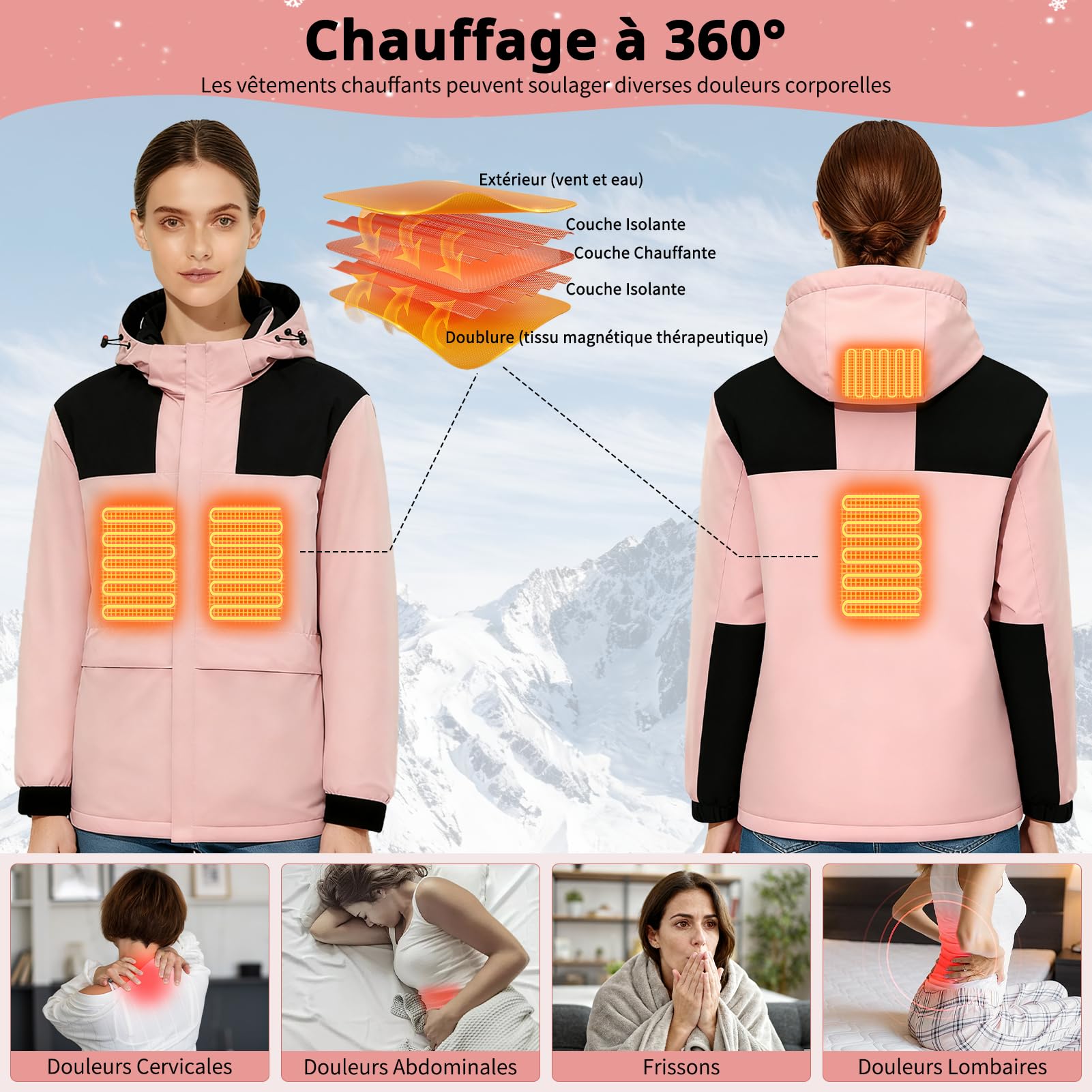 Giacca Riscaldato da Donna Impermeabile Giacca con Cappuccio con Batteria 7.4v, Softshell Calda Giacca Invernale per Moto, Pesca, attività all'aperto