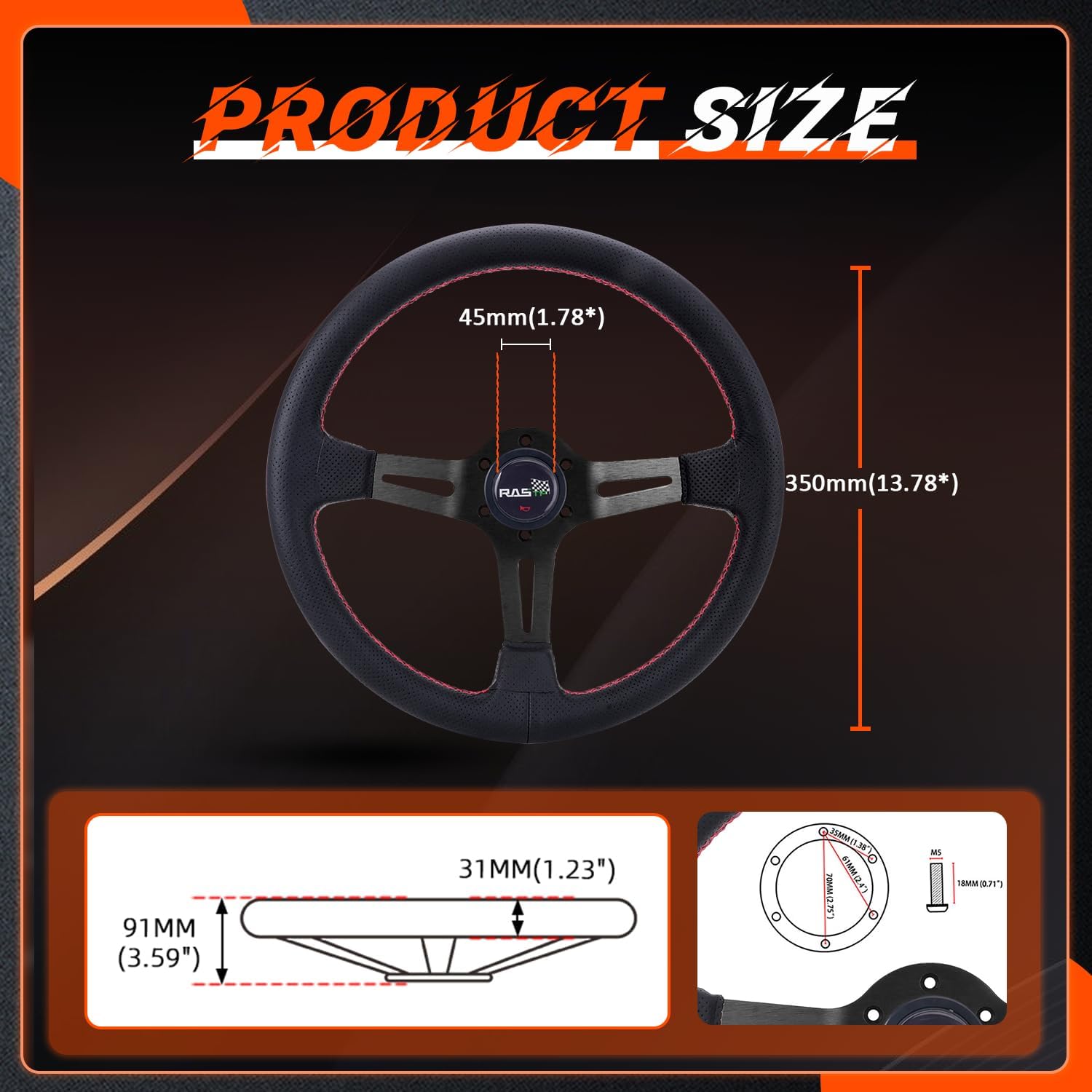 RASTP 13.8”/350mm Racing Steering Wheel, Grip PU Leather & Aluminum Alloy Spoke 6 Bolt Steering Wheel-Black