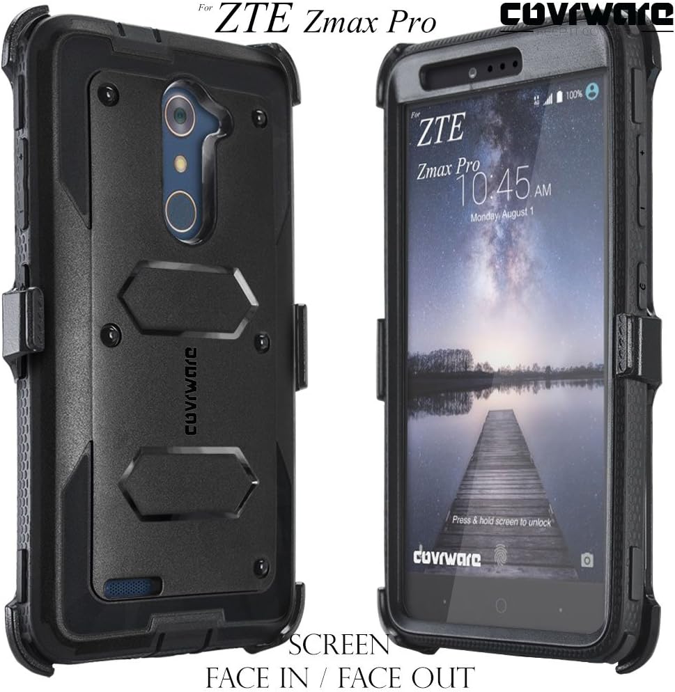 COVRWARE [Aegis Series] case Compatible with ZTE ZMAX PRO/ZTE Carry, with Built-in [Screen Protector] Heavy Duty Full-Body Rugged Holster Armor Case [Belt Swivel Clip][Kickstand], Black