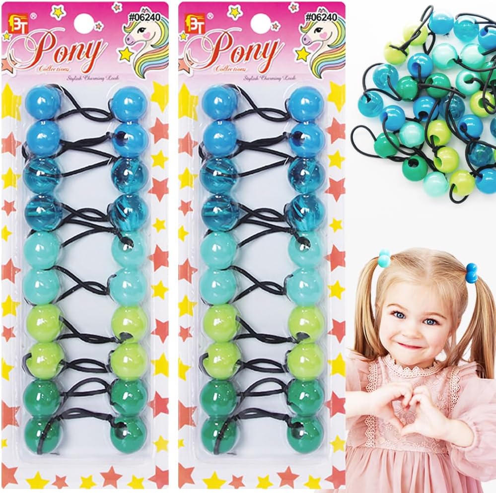 Beauty Town 20PCS Bubble Ponytail Holders โ 20mm Twin Bead Hair Ties for Girls & Kids โ Colorful Elastic Hair Accessories for Braids & Pigtails (Blue & Green Assorted)