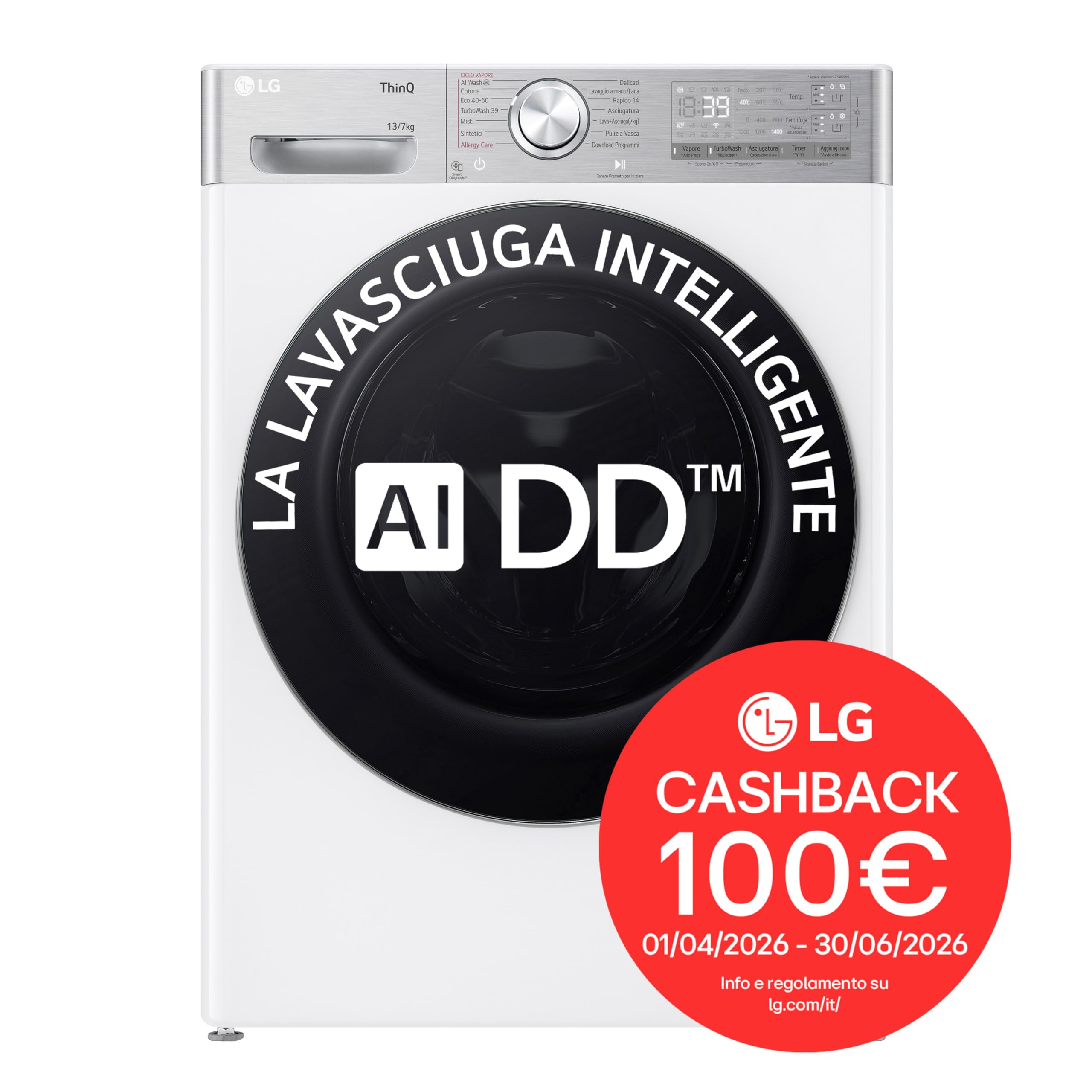 LG AI DD D4R9513TPWC Lavasciuga 13/7kg, Serie R9, Classe D, Lavatrice Asciugatrice, 1400 Giri, TurboWash 360, Vapore Steam+ e Antipiega, Autodosaggio, Wi-Fi, Bianca