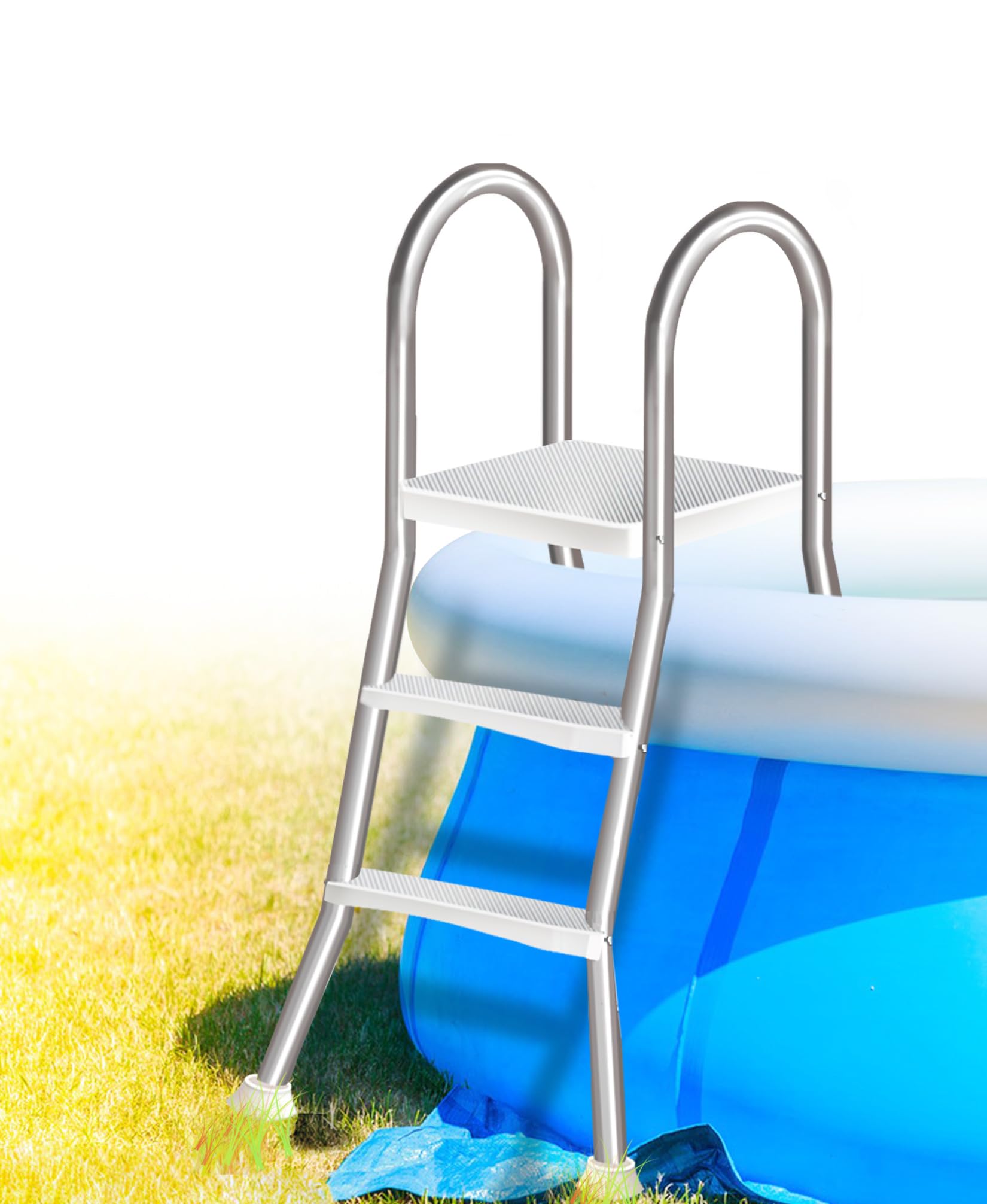 Escalera de Piscina de Doble Cara con Estructura en Forma de A de 135 cm para Piscinas Elevadas al Aire Libre, Escalera con Plataforma y Barrera de Seguridad,85cm