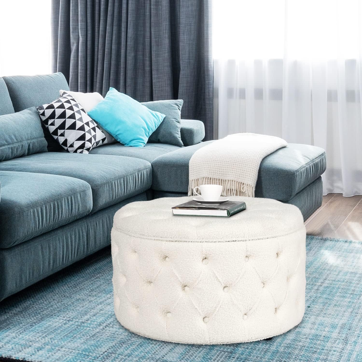 Homebeez 28 Inch Faux Fur Round Storage Ottoman, Button Tufted Footrest Stool Bench Coffee Table for Living Room,White