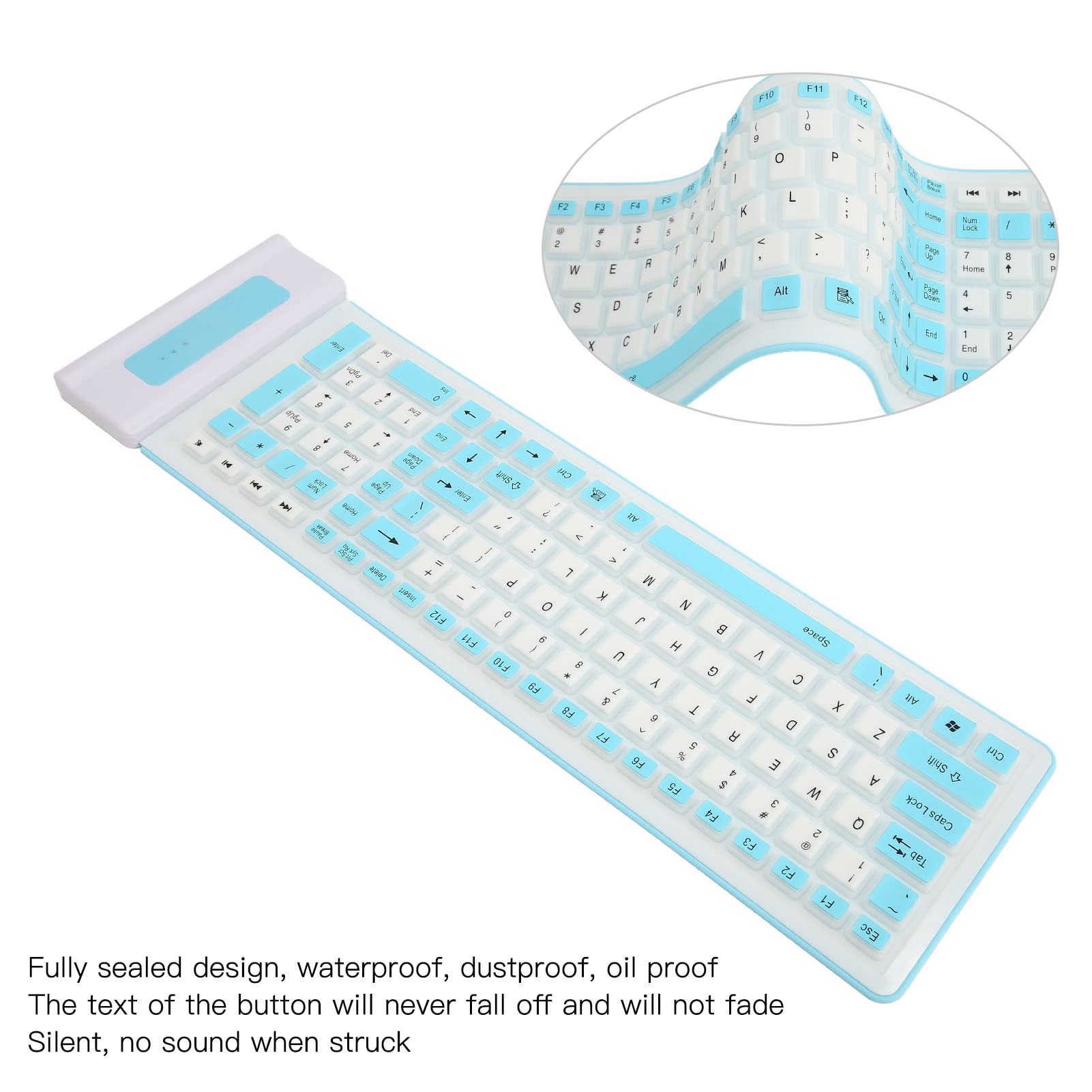 Focket Tastiera in Silicone, 2.4G USB Wireless Keyboard Tastiera Pieghevole Rollup Keyboard Tastiera Portatile Impermeabile, 103 Tasti Tastiera Flessibile Tastiere del Computer per PC (Blu)