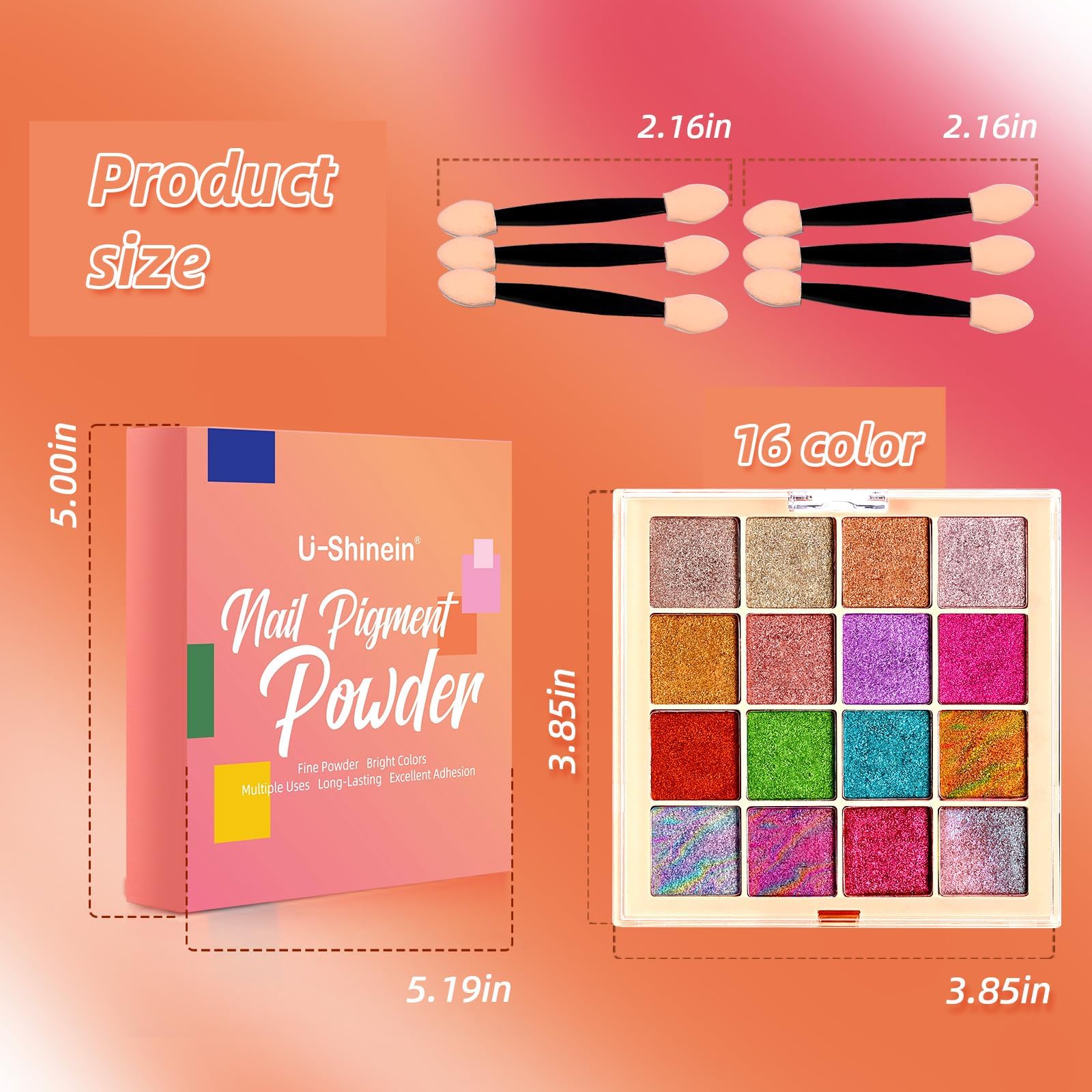 Ensemble de poudre pigmentée pour ongles, palette de poudre à ongles ombrée 16 couleurs avec 100 éponges et stylo de préhension pour ongles French Aura, pinceau à ongles ombrés, accessoires