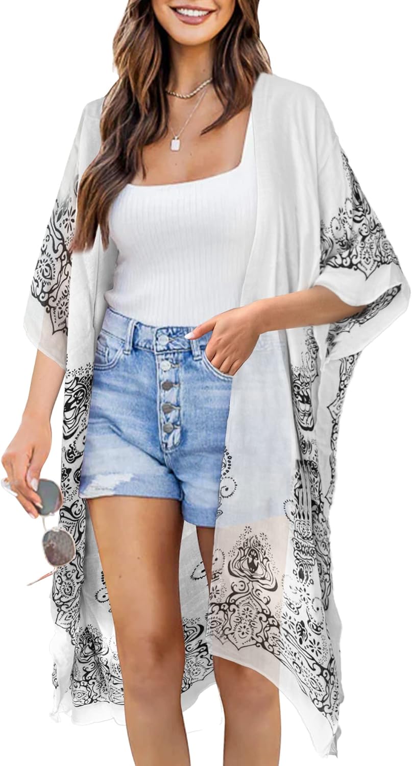 Moss Rose Women's Beach Cover up Swimsuit Kimono with Bohemian Floral Print, Loose Casual Resort Wear