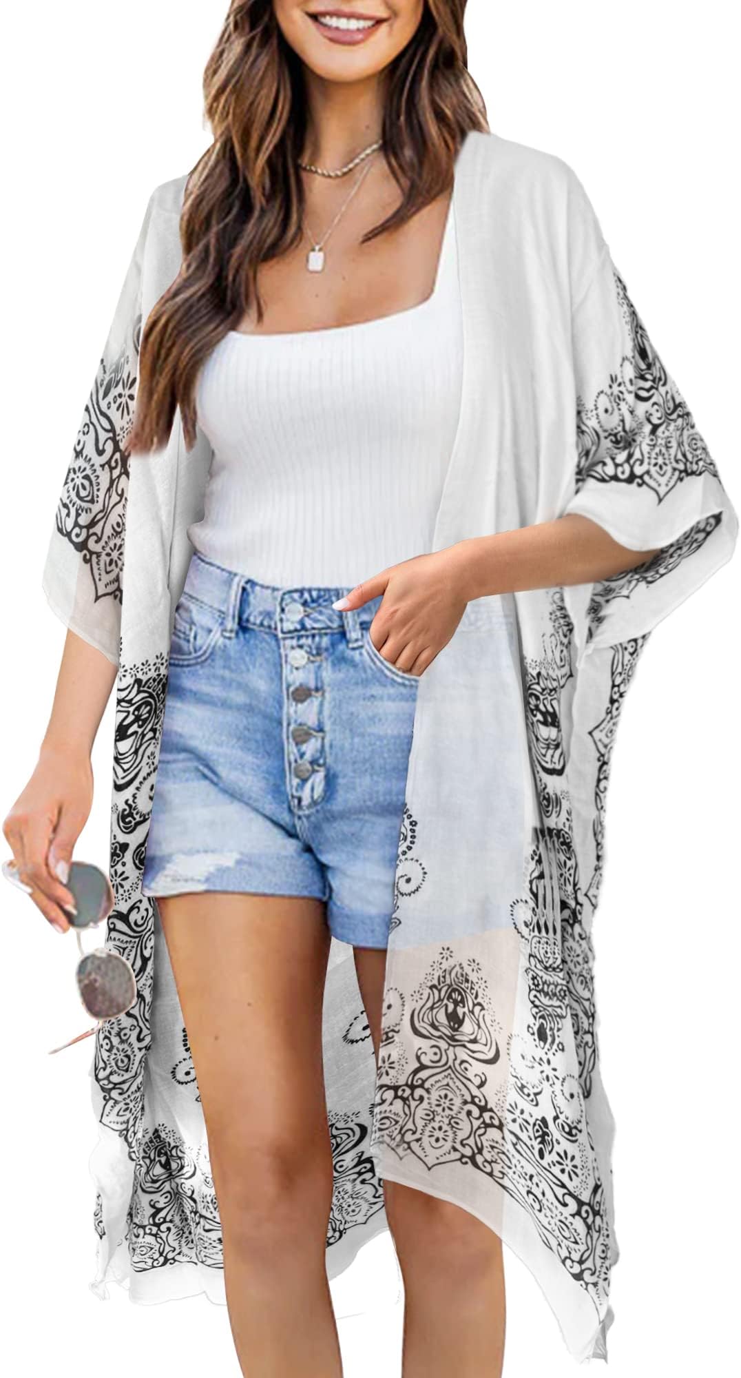 Moss Rose Women's Beach Cover up Swimsuit Kimono with Bohemian Floral Print, Loose Casual Resort Wear