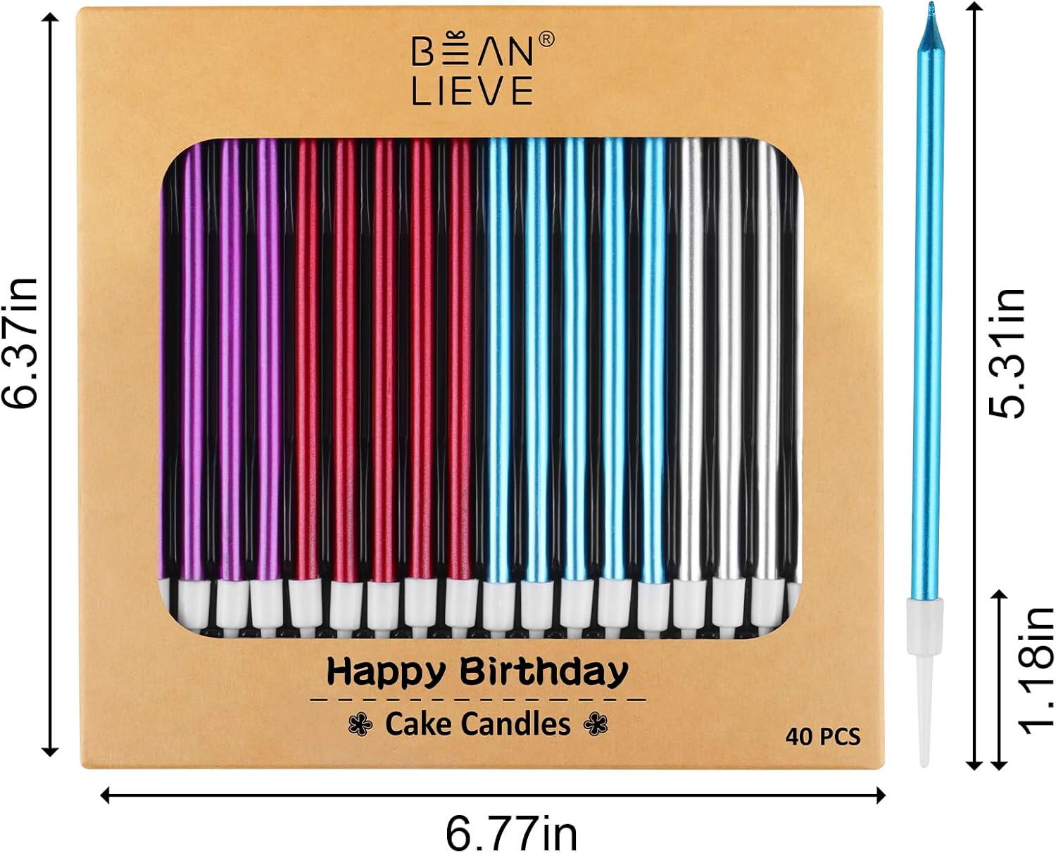 BEAN LIEVE 40-Count Color Birthday Candles - Long Thin Metallic Candles, Cake Candles, Birthday Parties, Wedding Decorations, Party Candles, Cake Decorations