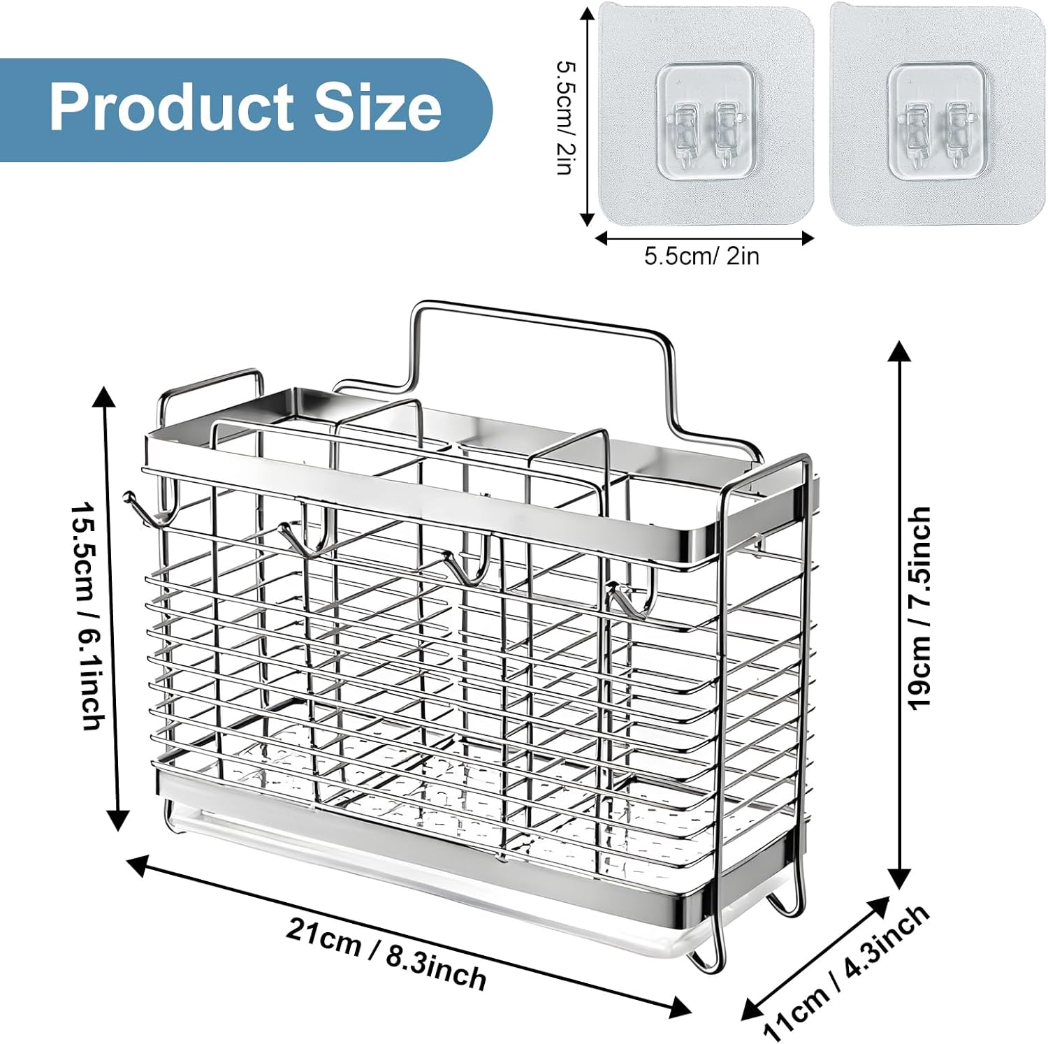 Utensil Holder, Stainless Steel Utensil Drying Rack with Drain Tray, Kitchen Counter Drainer Basket Silverware Cutlery Flatware Holder Forks, Knives, Spoons, Chopsticks Organizer (Silver) - Image 3