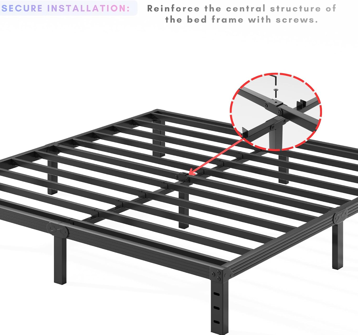 Diagram showing a screw being inserted to reinforce the central structure of the bed frame.