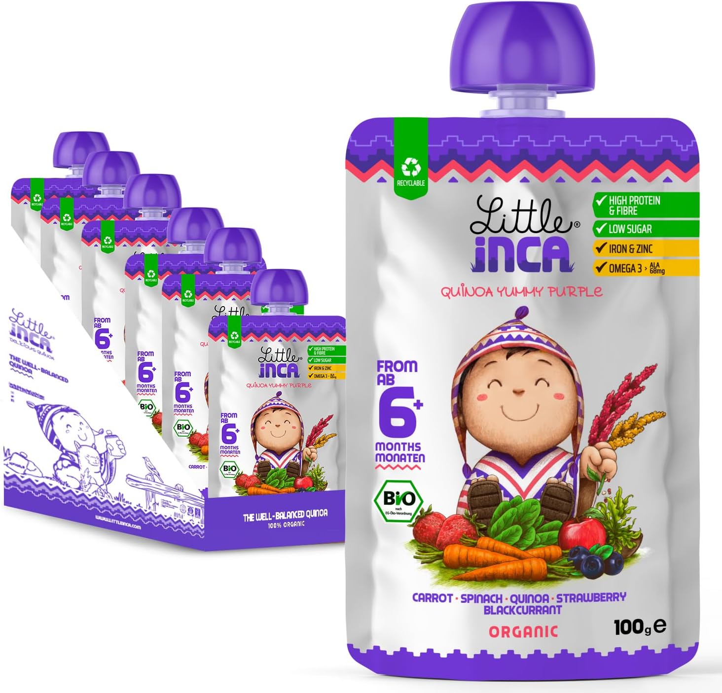 Organic Baby Food Pouches The Yummy Purple (6x100g) | Quinoa-based Dairy-Free Baby Pouches | 6 Months+ | Recyclable Plant-Based Veg & Fruit Pouches | Supports Gut/Cognitive Health