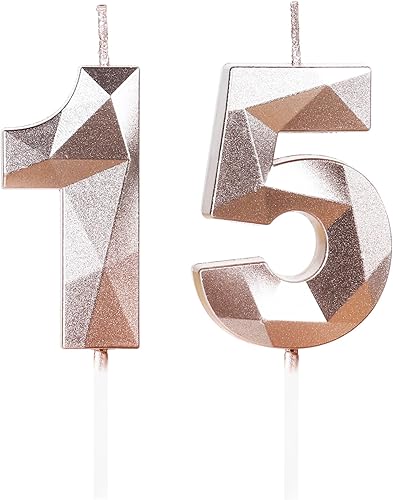 Velas de cumpleaños número 15, velas número 15, velas de feliz cumpleaños de oro rosa para pastel, decoraciones de cobertura de pastel de diseño 3D
