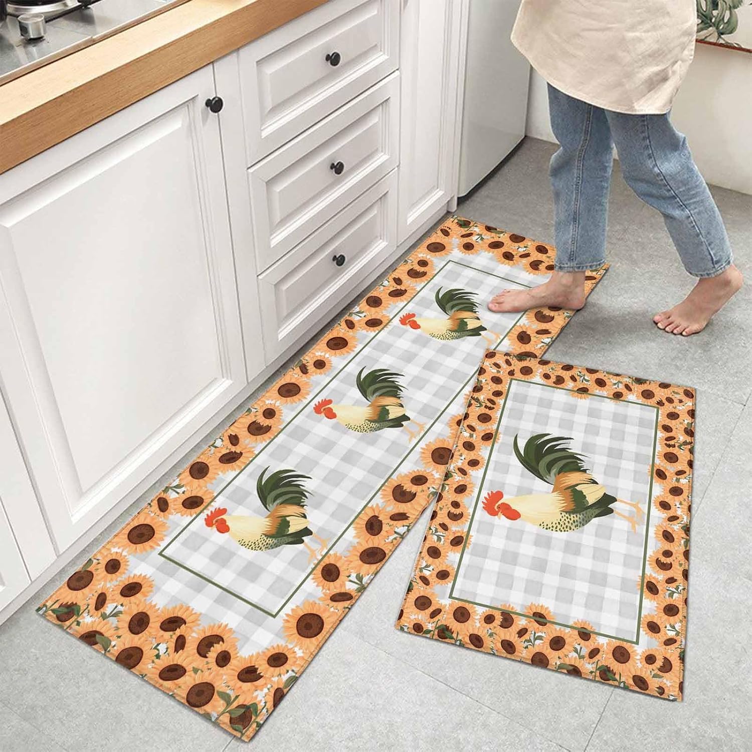 Kitchen Mats for Floor Country Rooster Sunflower Washable Non Slip Kitchen Rugs 2PCS, Farmhouse Animal Plant Buffalo Plaid Absorbent Standing Mats for Sink Office Living Room 15.7x23.6in+15.7x47.2in