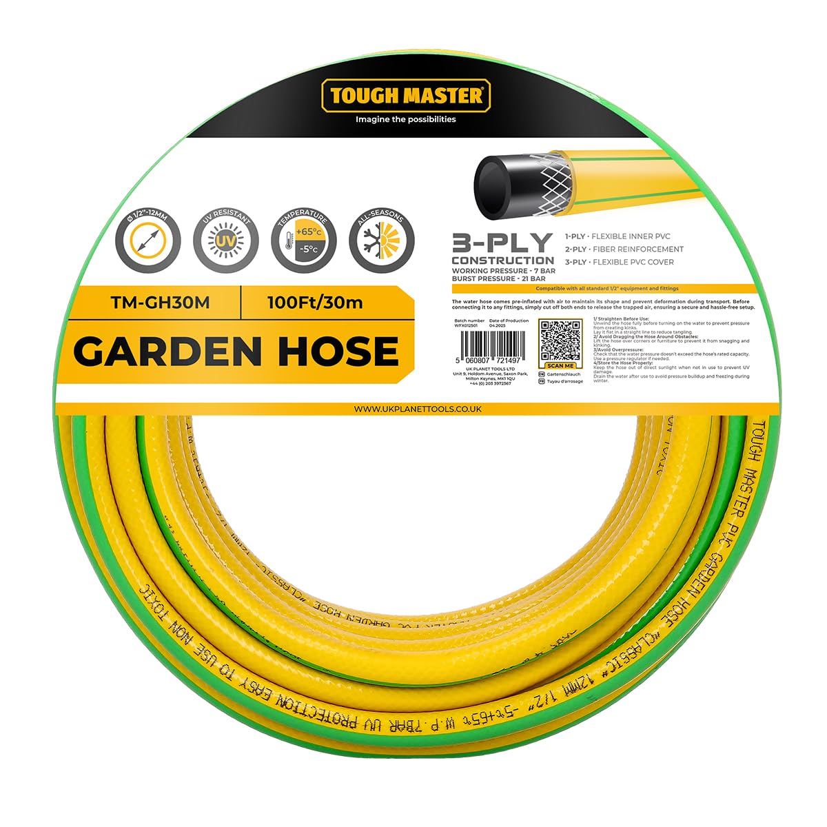 Tough Master Garden Hose 30M 100Ft 3-Layer Reinforced Hosepipe 1/2 Inch 21 Bar Burst Pressure Uv Resistant Tm-Gh30M from B&Q
