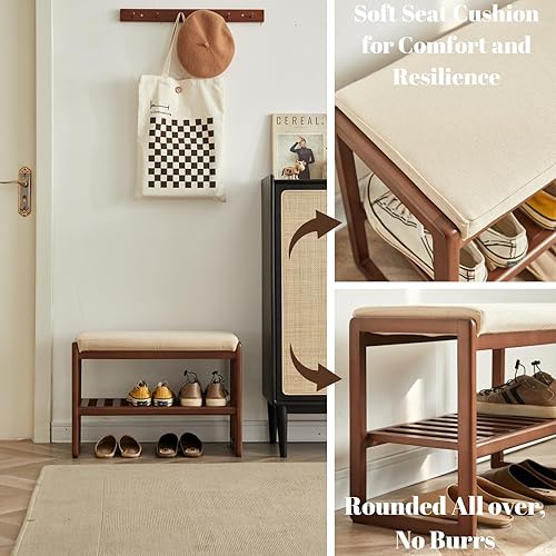 Miniatura 5 de Banco de zapatos de madera, banco de almacenamiento de 2 niveles con asiento acolchado acolchado, banco de entrada con almacenamiento de zapatos,