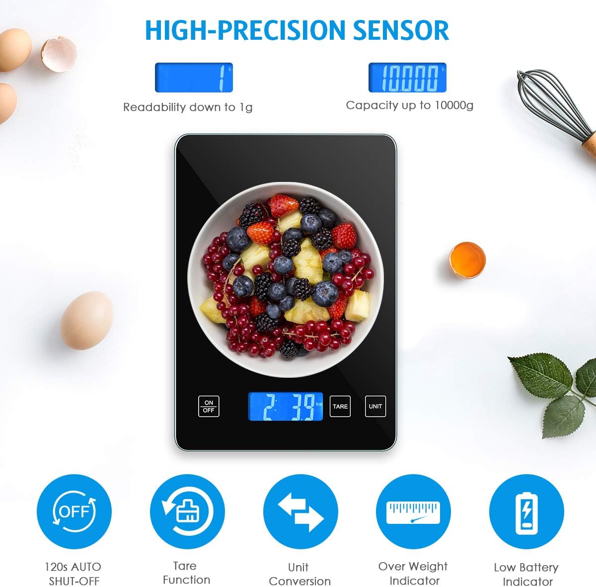 Digital Coffee Scale, 10kg/22lb Food Scale, 1g/0.1oz Precise Graduation, Waterproof Tempered Glass Platform, High Accuracy Multi-Function Scale for Cooking Baking