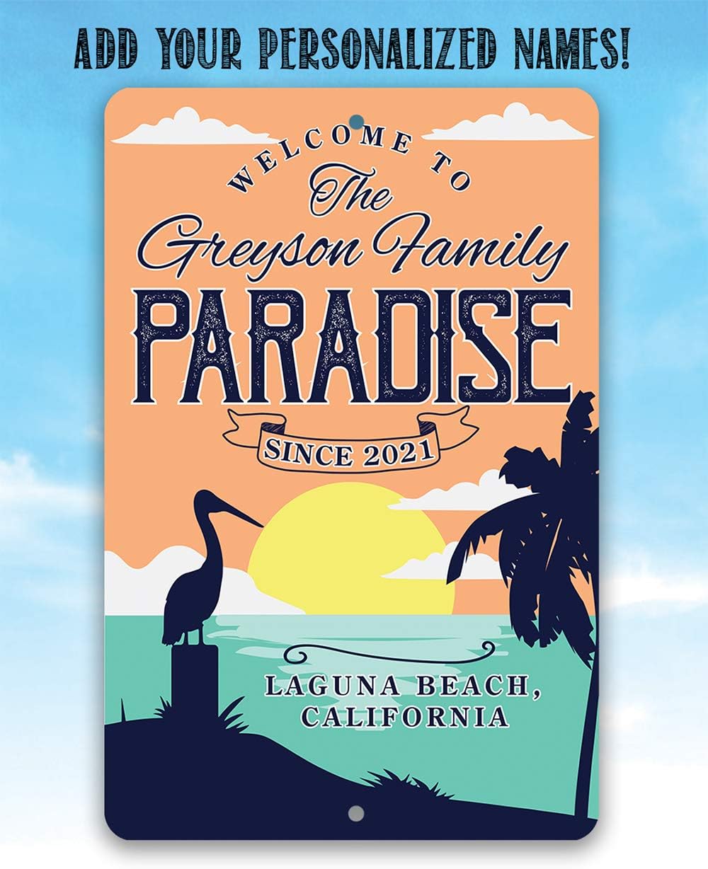 Personalized - Welcome To Paradise - Lake House and Beach House Welcome Sign, Custom Sun Palm Tree Birds Art Print, Beach Theme Display and Gift, 8x12 or 12x18 Indoor or Outdoor Durable Metal Sign