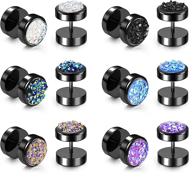 PiercingJak 6 Pairs 10MM Faux Gauges Earrings for Men Glitter Screw Flat Back Disc Stud Earrings Round Cheater Fake Ear Plugs Gauges Illusion Tunnel Punk Style Dumbell Ear Piercing