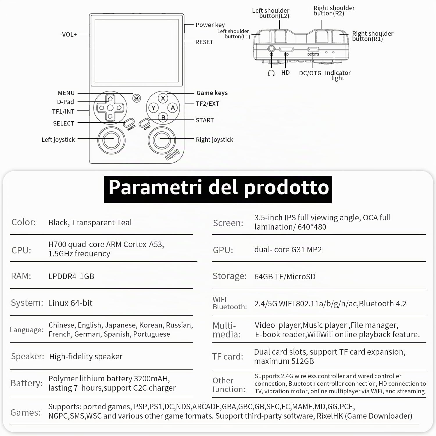 Console di gioco portatile retrò, gioco portatile con schermo IPS da 3,5 pollici, con scheda TF 64G preinstallata 4353 giochi supporta 5G WiFi Bluetooth HDMI e uscita TV, verde