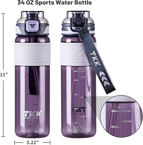 Miniatura 6 de TKK Botellas de agua deportivas con popote extraíble de 34 onzas, tapa superior abatible a prueba de fugas, sin BPA, botellas de Tritan con correa
