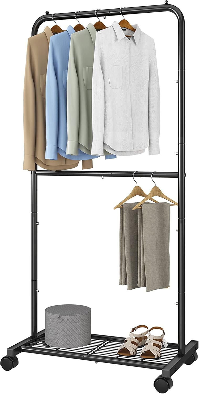 Simple Trending-Double Rod Clothing Garment Rack, Rolling Clothes Organizer on Wheels for Hanging Clothes, Black