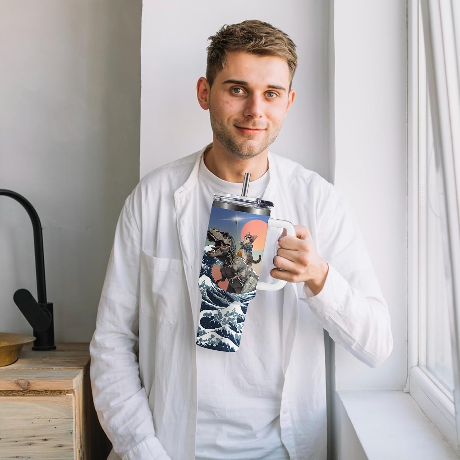 Funny Cat Coffee Mugs Fighting Cat Riding Dinosaur Dino Cups for Boys 40oz Cats T-Rex Travel Coffee Tumbler with Handle and Lids, Animal Cats Lovers Gifts for Women Men - Image 5