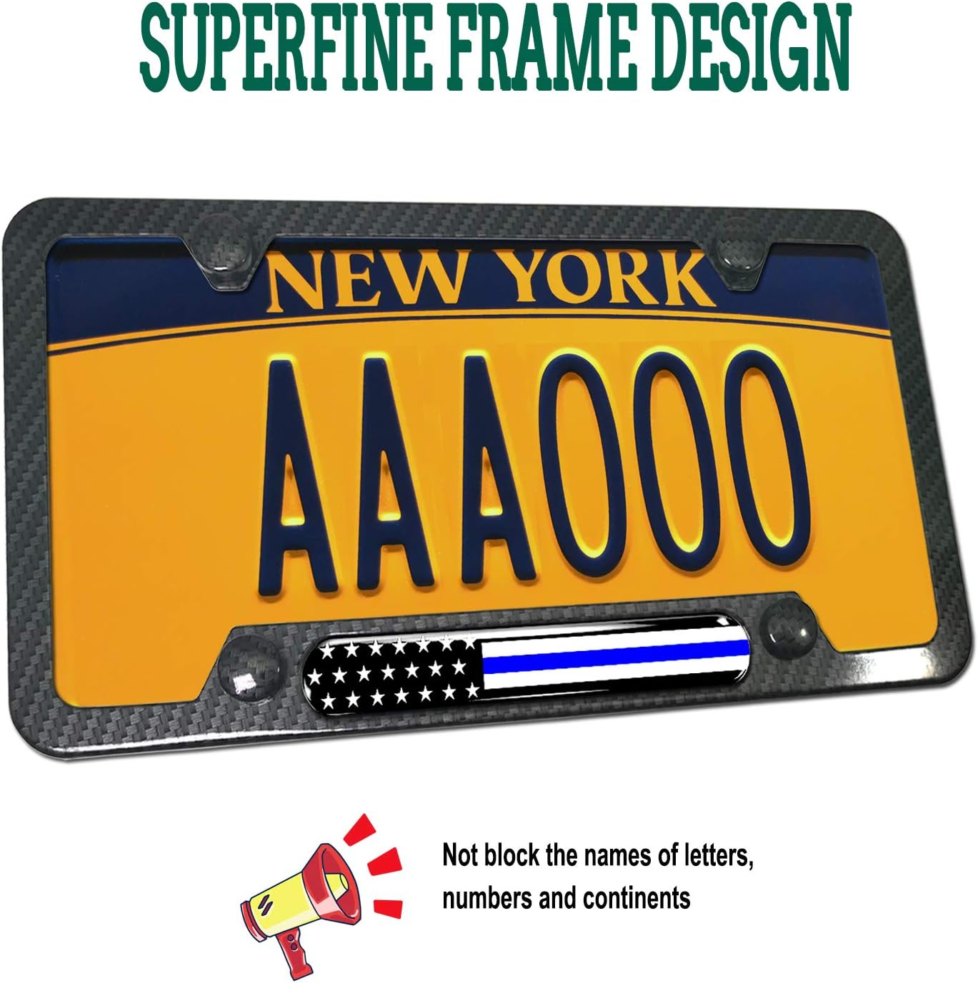 FBJTDQ Police Thin Blue Line License Plate Frame- Patriotic Carbon Fiber Car Tag Holder, American Flag Black Aluminum Bracket with Screw, Cap Covers, Decal, Novelty Gift for Law Enforcement, 1 Pack