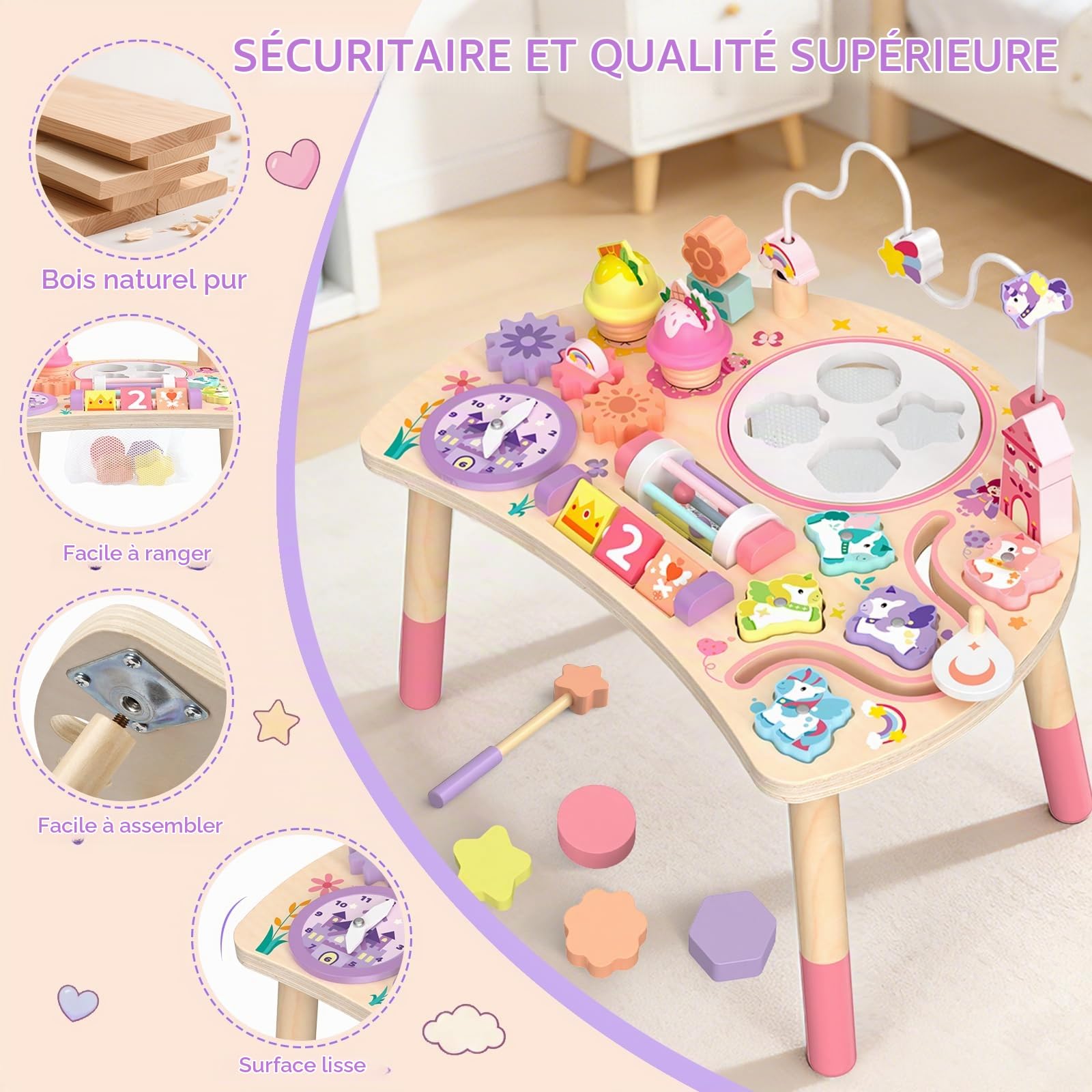 Table d'Activité Montessori en Bois 10 en 1 Licorne dès 18 Mois | Manipuler, Trier, Tourner et écouter Aide la Motricité Fine Dans Les Jeux Quotidiens