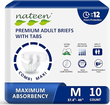 Nateen Combi Maxi Adult Diapers with Tabs for Women and Men, Maximum Absorbency Protective Incontinence Briefs, Overnight Leakproof and Skin-Friendly Incontinence Underwear. Medium, 10Count