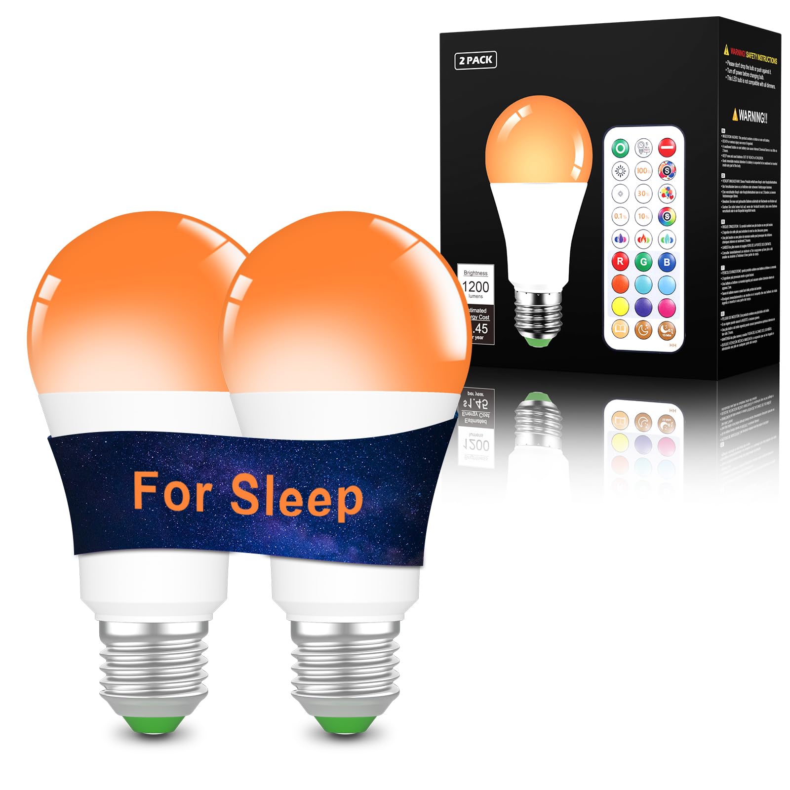 ChangM 2 Stück LED Glühbirne mit Fernbedienung, E27 Glühbirne Bernstein für Schlaftherapie, Blaulicht-Blockierung, RGB 9 Farben+Bernstein Glühbirne für Schlafzimmer, Kinderzimmer, Wohnzimmer 2000K