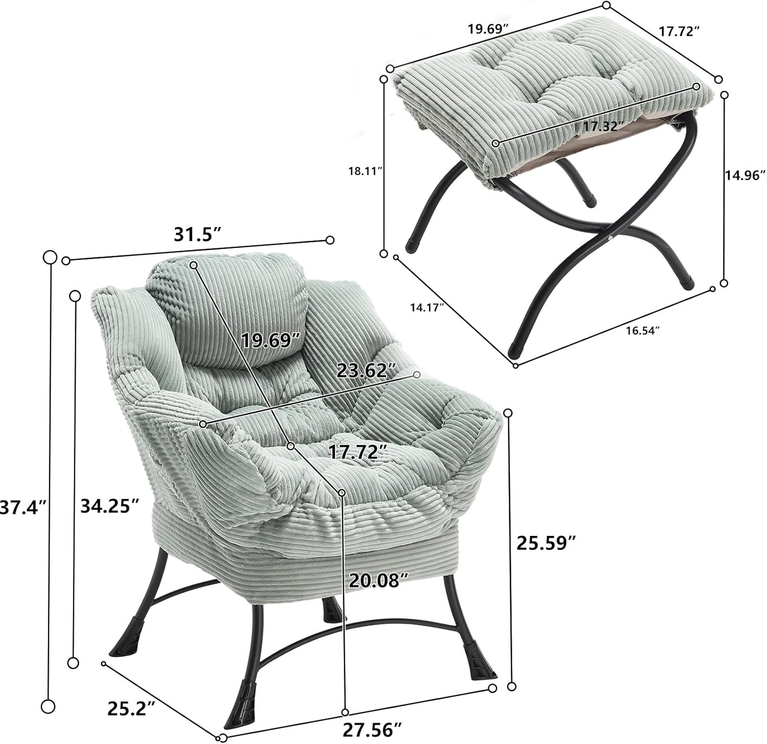 Washable Lazy Chair with Ottoman - Oversized Corduroy Lounge Chair for Bedroom & Dorm, Comfy Folding Reading Chair with Side Pocket, Soft Relaxing Armchair for Living Room, Small Spaces (Green)