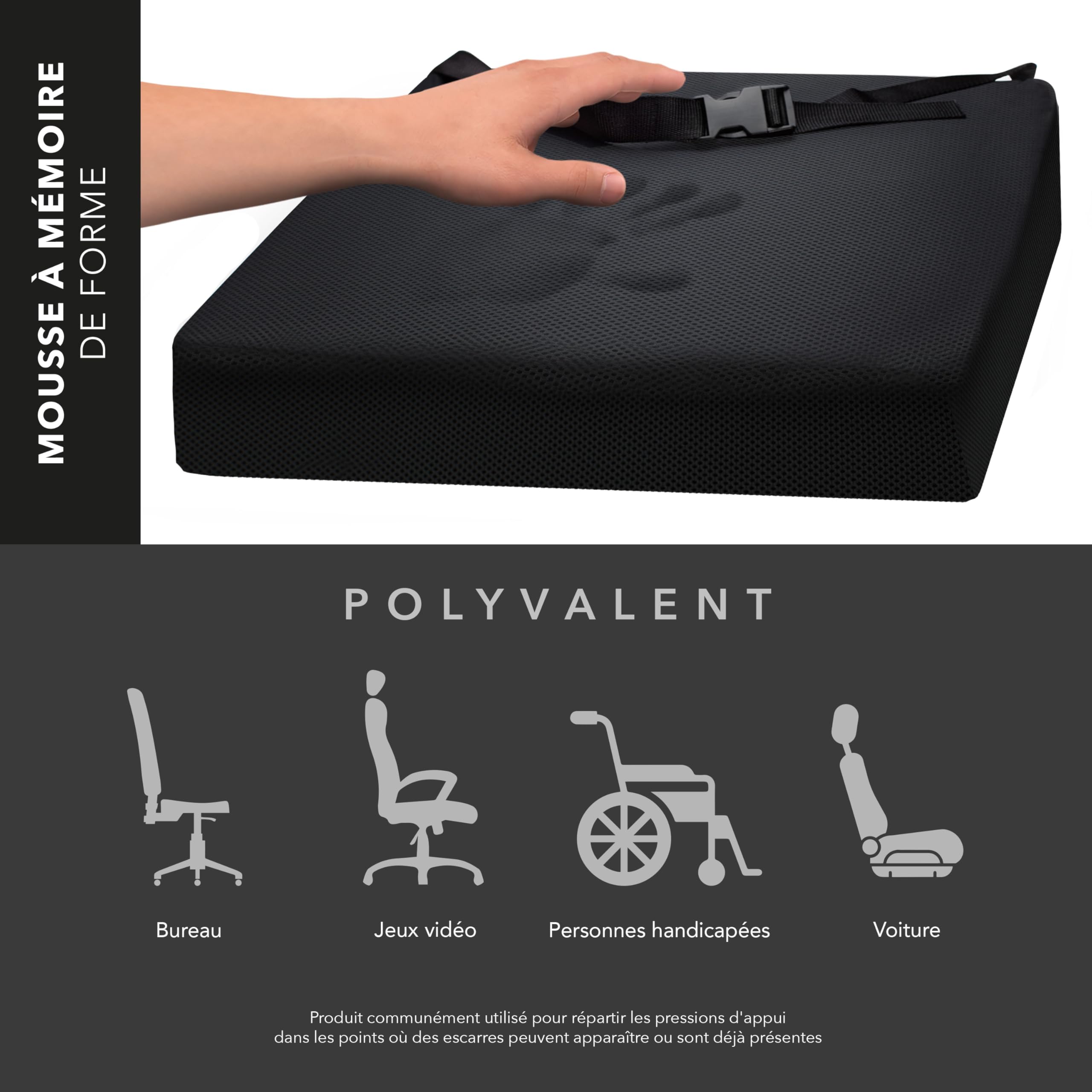 AIESI® Coussin Anti-escarres pour fauteuils roulants et sièges (cm 44x44x8h) en mousse de polyuréthane avec coussinet interne en gel viscoélastique et sangle de fixation, Certifié CE, Garantie 24 mois