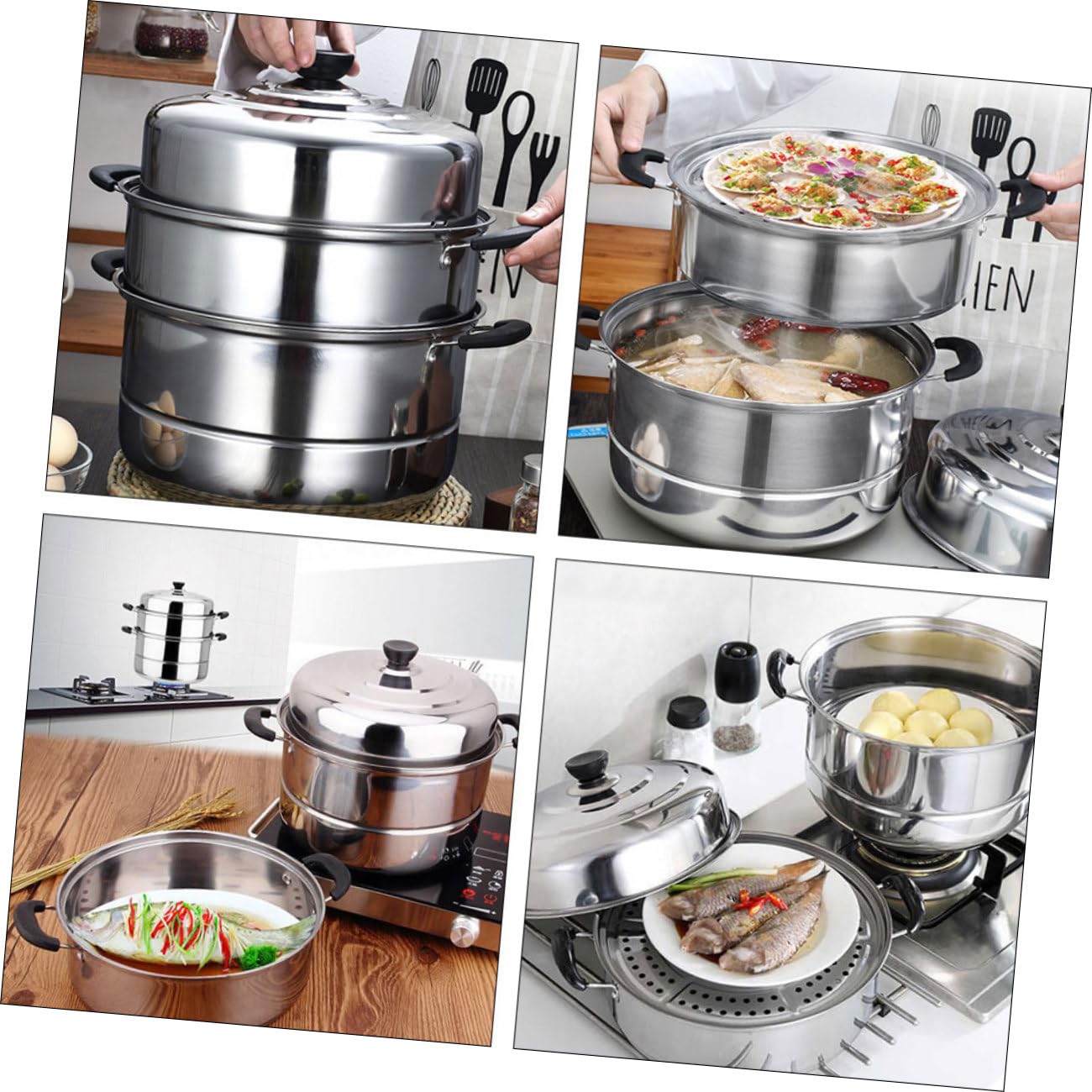 MAGICLULU Dampfgarer aus Edelstahl mit Drei Lagen Großer Fassungsvermögen Multifunktional zum Dämpfen und Kochen Geeignet für Zuhause und Induktionskochfelder