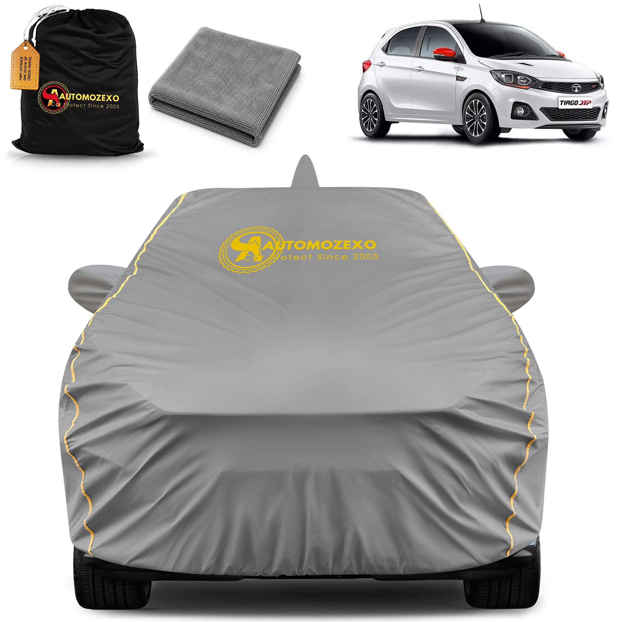 AUTOMOZEXO Tata Tiago Car Cover for all weather protection with Mirror & Antena Pocket this Inner Cotton Layer Triple Stitched Waterproof Cover with Adjustable Belt Bottom Elastic to Secure Fit (Grey)-image-48