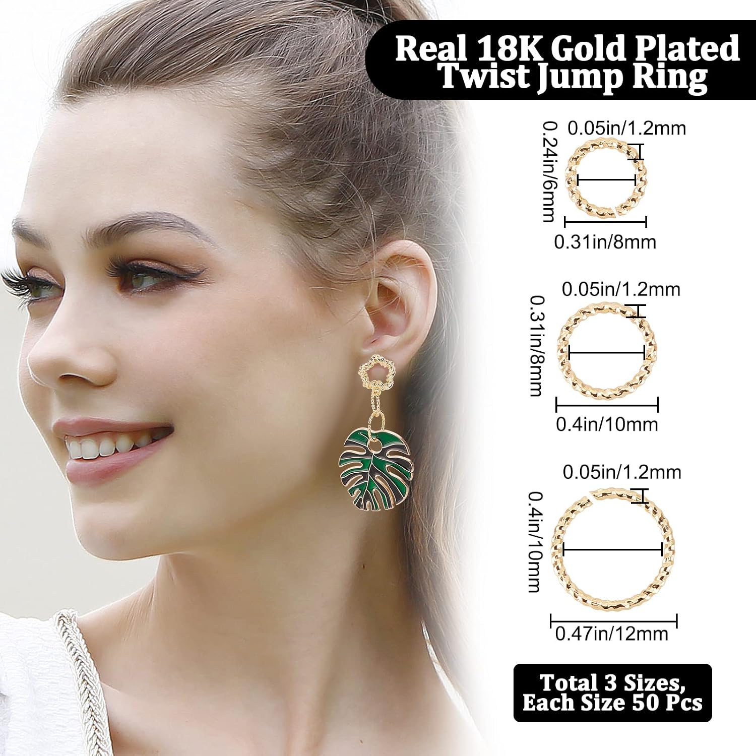 Beebeecraft 150Pcs 3 Size Twisted Open Jump Rings 18K Gold Plated Jump Rings Connectors Open O Rings 8/10/12mm for Kewelry Making Repair DIY Earring Bracelet Necklace